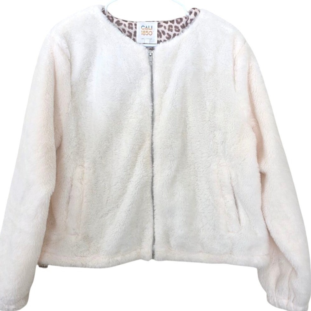 Cali 1850 Womens Faux Fur Zip Up Jacket Cream Leopard Print Lining Size M 3130B